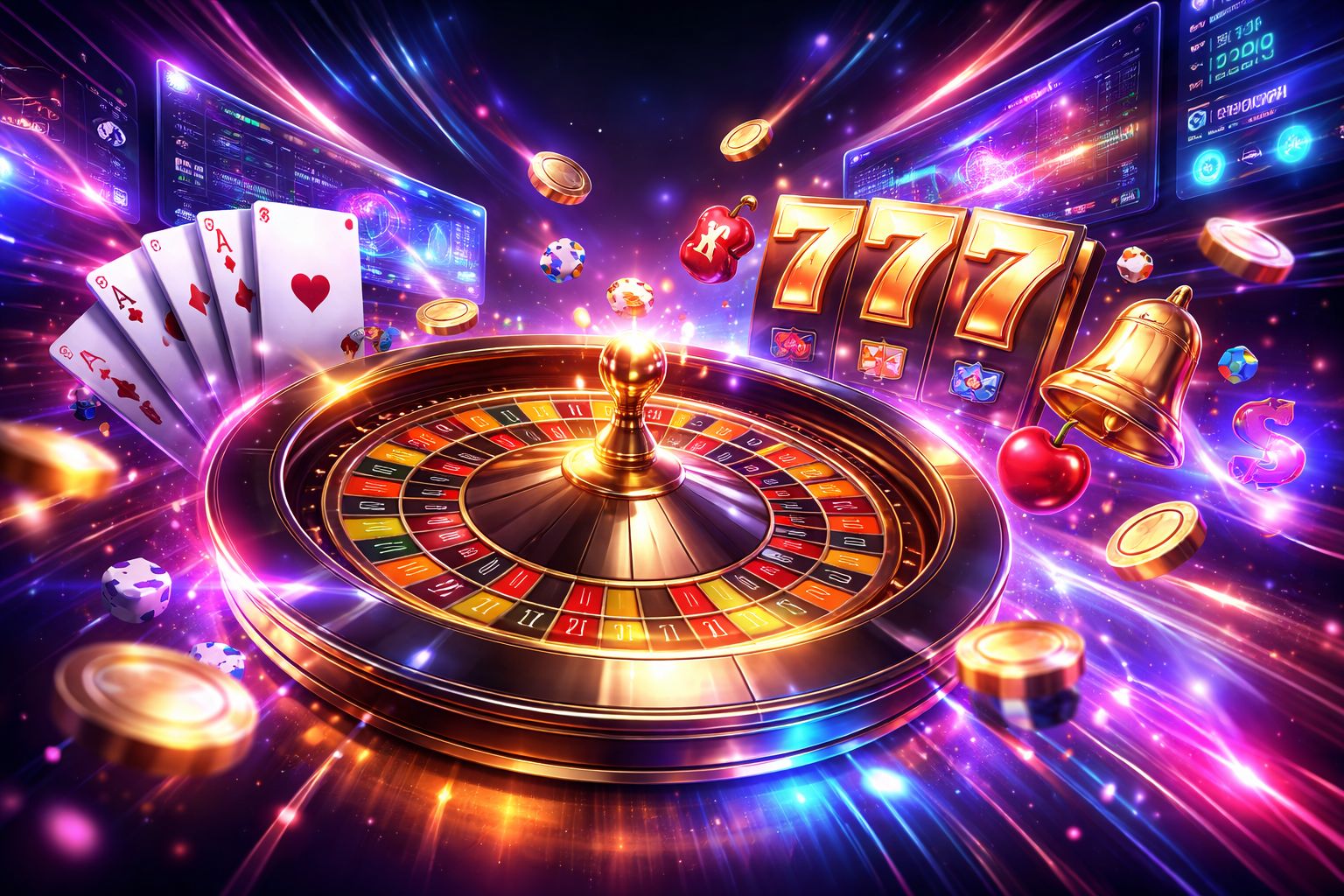 High-tech casino display with roulette visuals, cards and premium gaming interface for CV4488 users