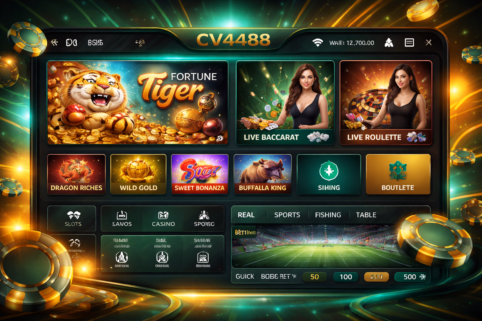 Modern mobile gaming visual with the CV4488 app open on a phone surrounded by cards, chips, and glowing interface elements
