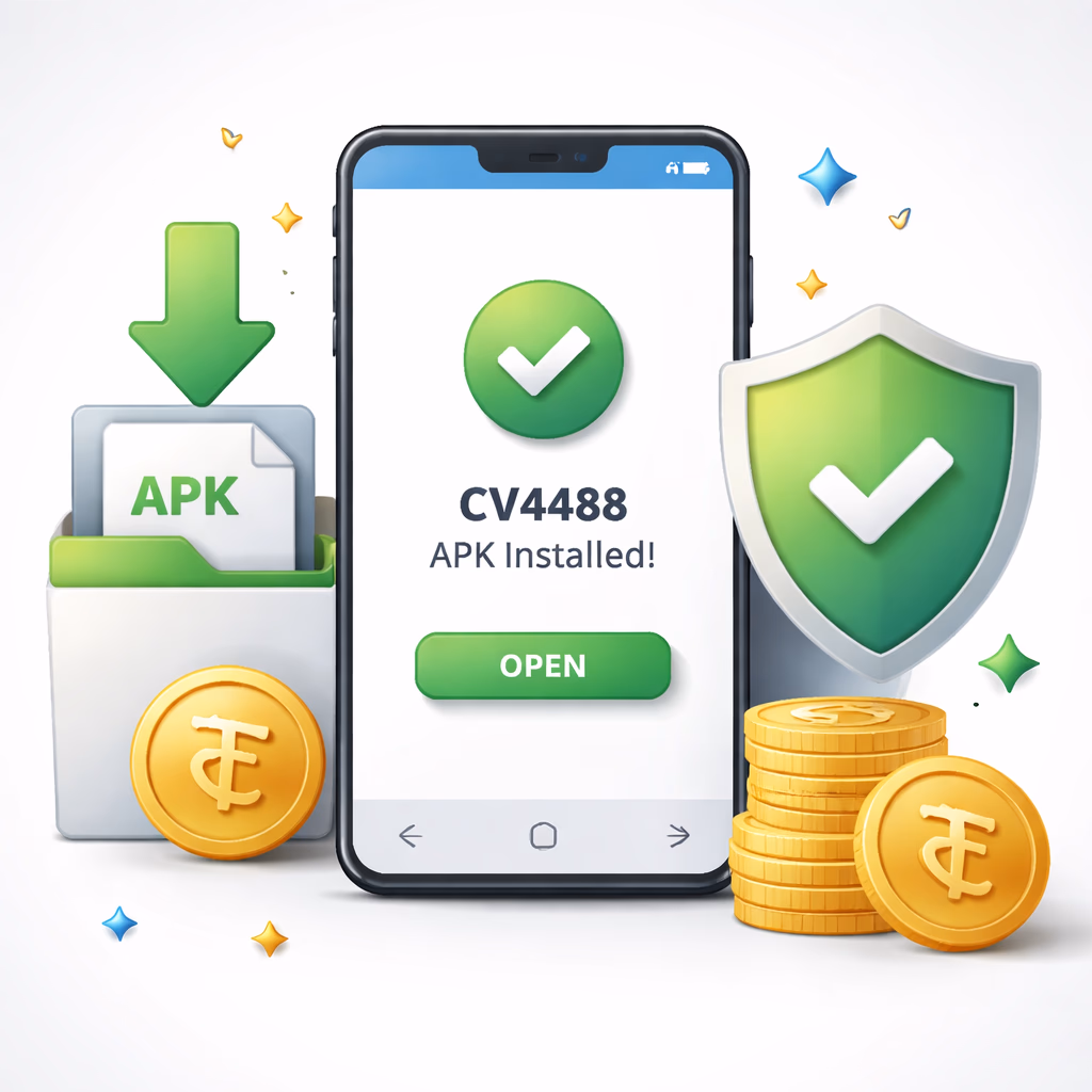 Clean installation-themed image of a smartphone showing CV4488 app setup progress with download and security symbols