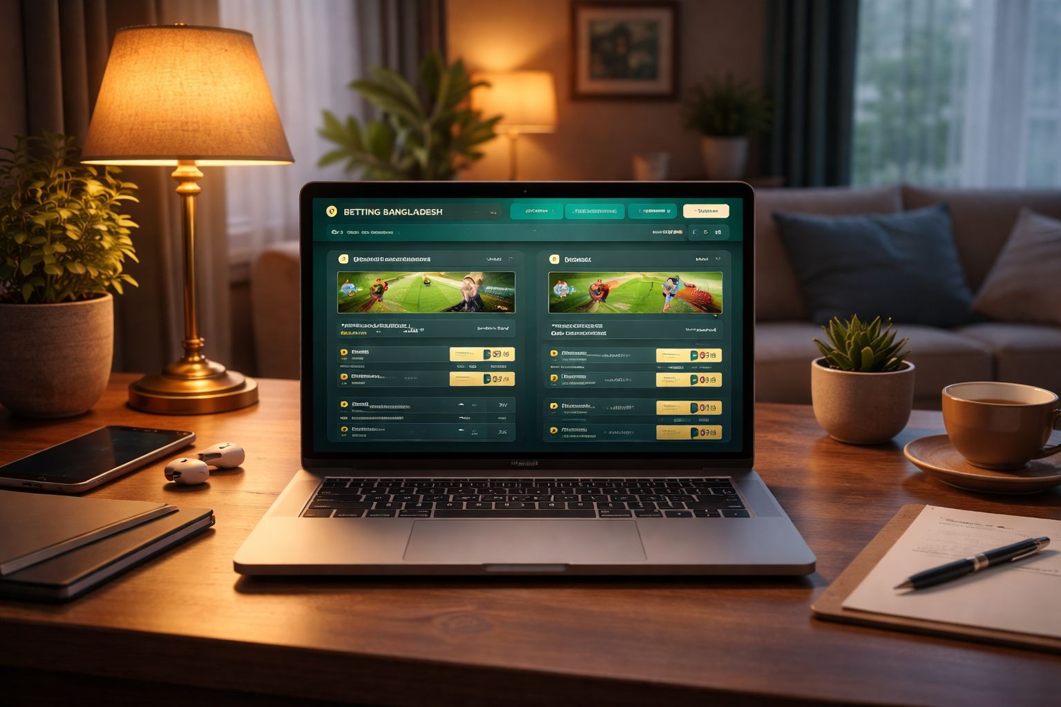 Bangladesh bettor viewing cricket and football odds on a laptop with CV4488 interface in a comfortable evening setting