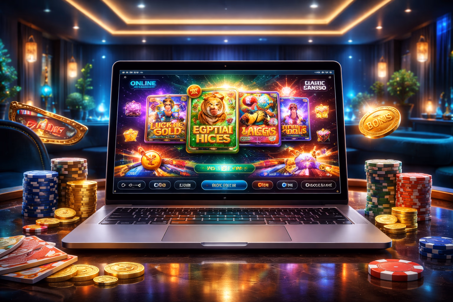 Laptop displaying dynamic CV4488 game lobby with reels, cards and glowing bonus icons in a sleek digital environment
