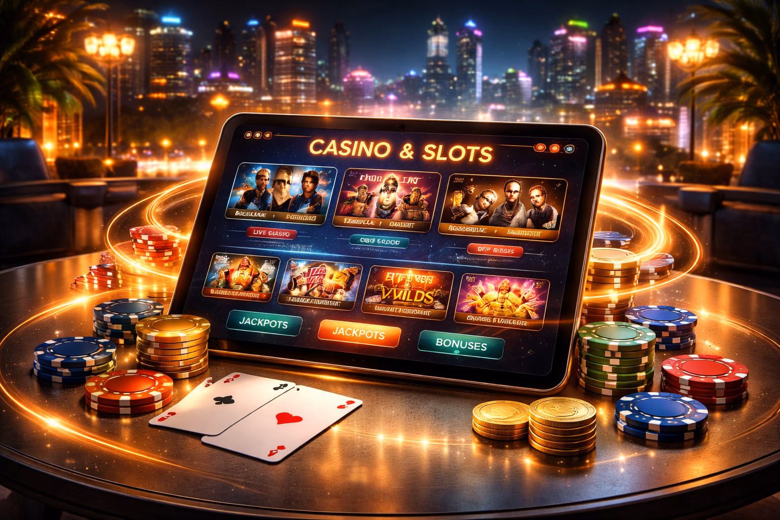Modern tablet gaming scene with CV4488 casino interface, neon accents and immersive online play atmosphere